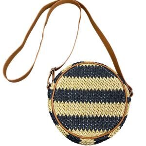 Thirty One Jewell Round About Straw Navy Blue Tan Stripe Crossbody Bag Purse